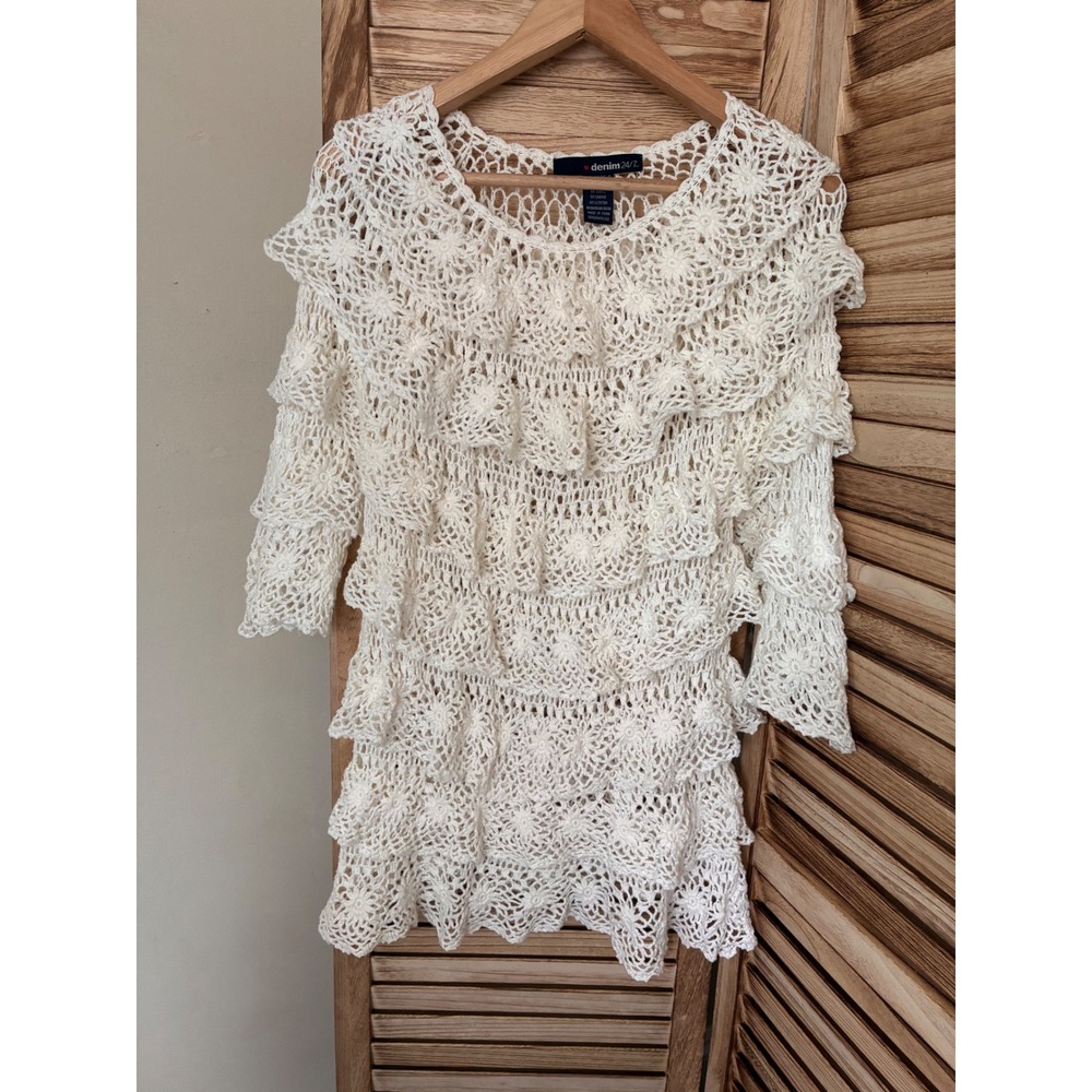 Denim 24/7 Cottagecore Ivory Crochet Tiered Ruffle Knit Top Ramie Cotton Boho